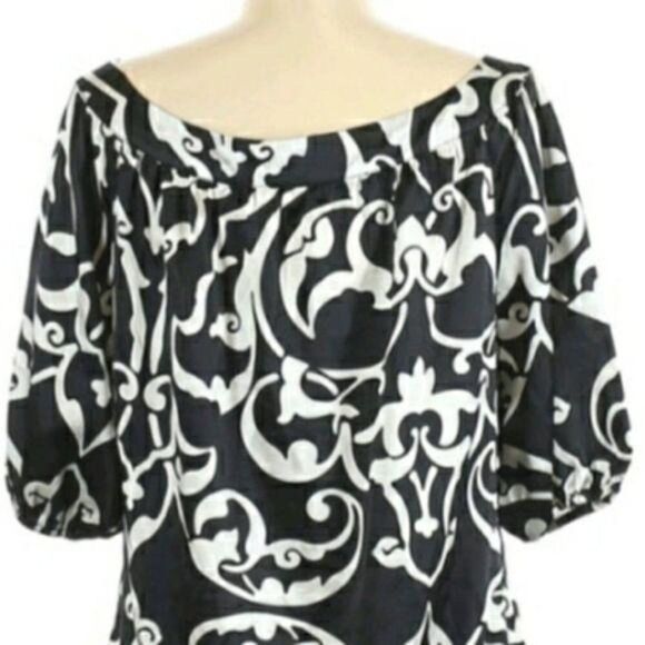 WHBM Retro 70's Silky Scroll Print Boat Neck Elbow Sleeve Dress Black White Sz M - Picture 6 of 10